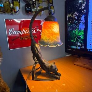 Elegant Black Cat Lamp with Orange Shade cast iron HT